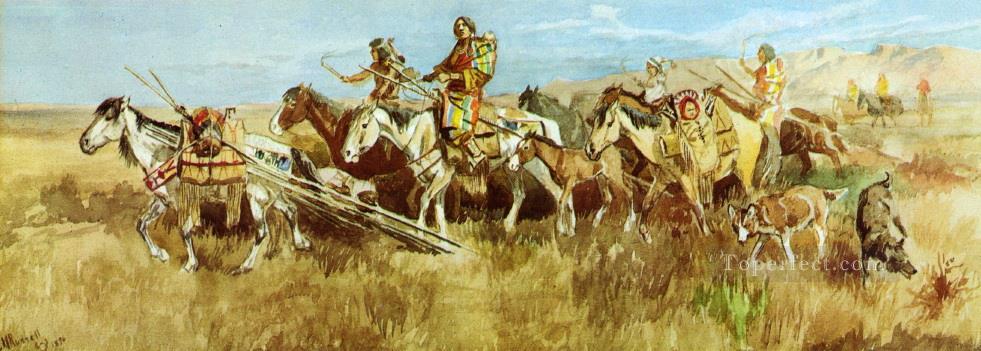 Indianer Frauen bewegen Lager 1896 Charles Marion Russell Indianer Ölgemälde